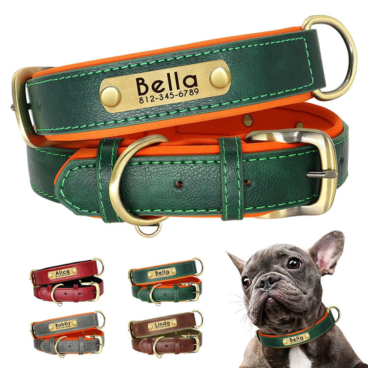 Customized Leather ID Nameplate Dog Collar Soft Padded Dogs Collars Free Engraving Name for Small Medium Large Dogs Adjustable - Wishop 365