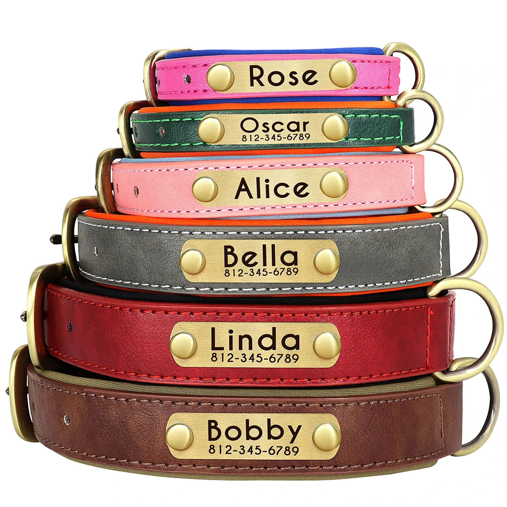 Customized Leather ID Nameplate Dog Collar Soft Padded Dogs Collars Free Engraving Name for Small Medium Large Dogs Adjustable - Wishop 365