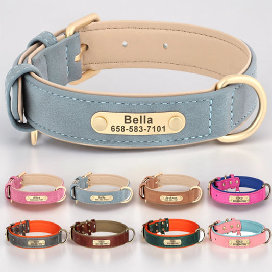 Personalized Dog Collar Custom Engraved PU Leather Dog Collars Free Engraving ID Tag Nameplate For Small Medium Large Dogs - Wishop 365