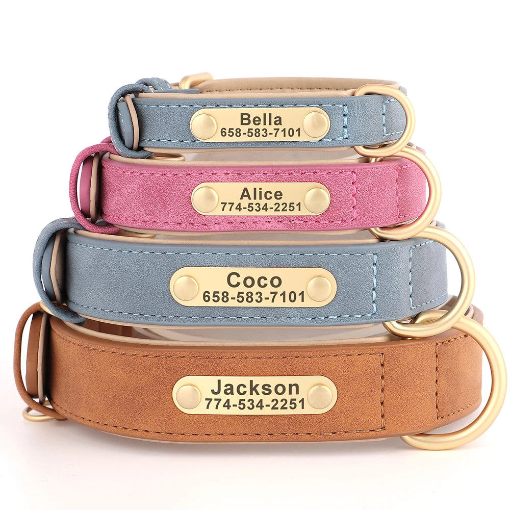 Personalized Dog Collar Custom Engraved PU Leather Dog Collars Free Engraving ID Tag Nameplate For Small Medium Large Dogs - Wishop 365
