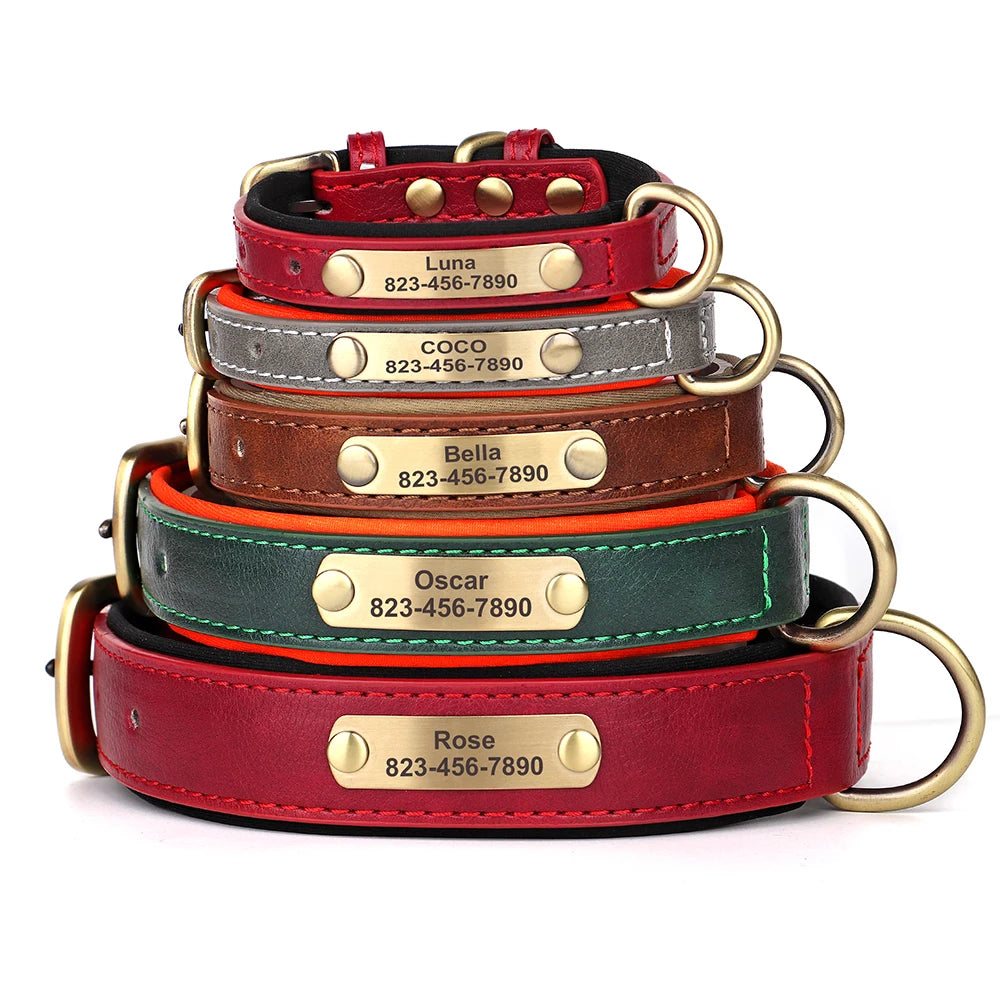 Personalized Dog Collar Custom Engraved PU Leather Dog Collars Free Engraving ID Tag Nameplate For Small Medium Large Dogs - Wishop 365