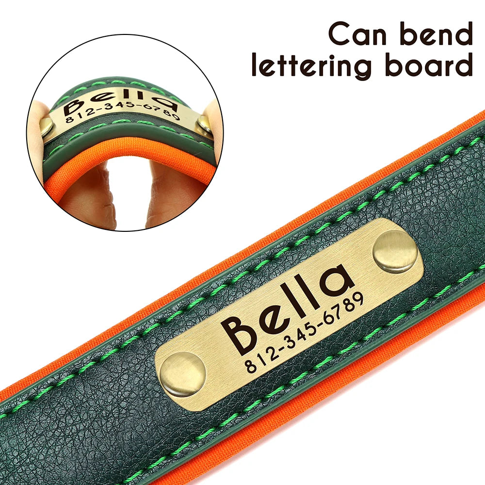 Customized Leather ID Nameplate Dog Collar Soft Padded Dogs Collars Free Engraving Name for Small Medium Large Dogs Adjustable - Wishop 365